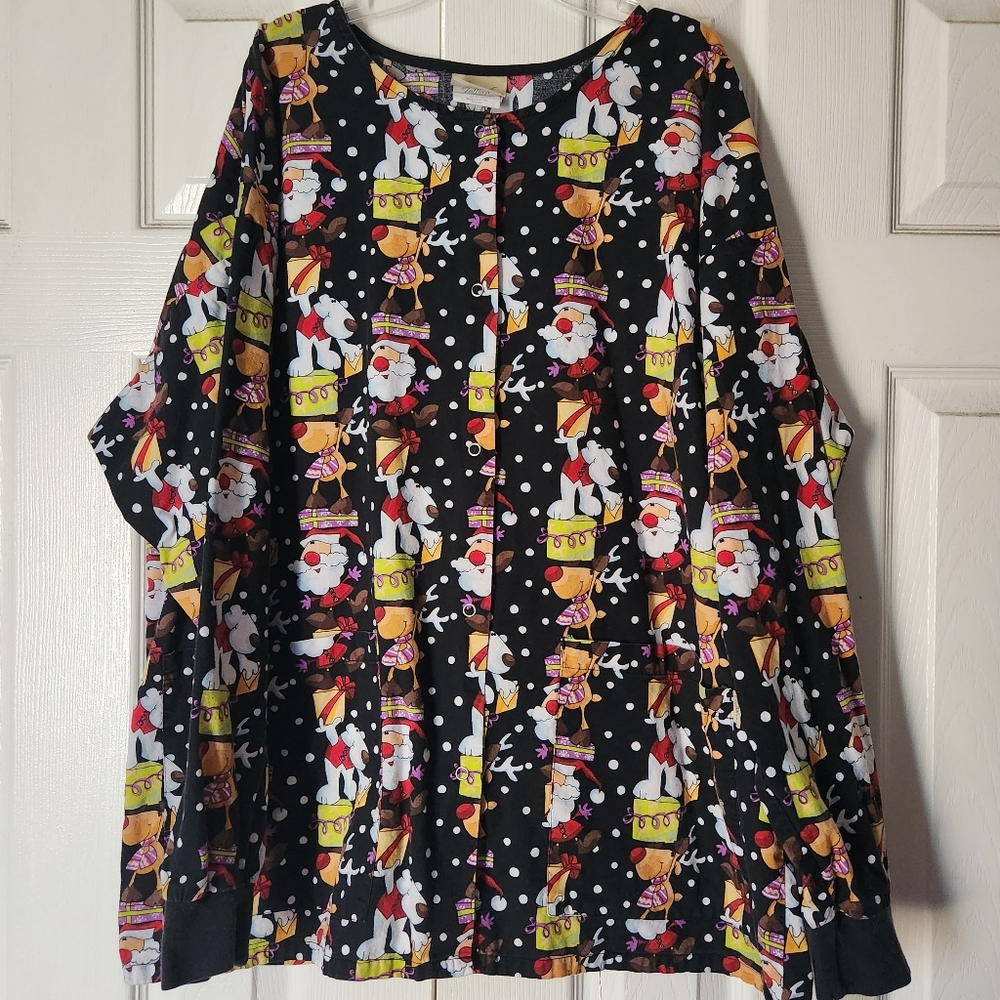 Adorable Christmas Scrub Jacket Santa & Rudolph print Size XL EUC